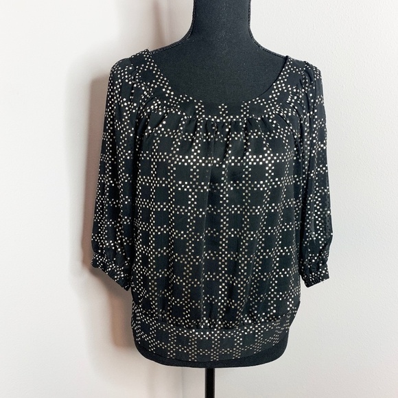 Guess Black & Metallic Gold Sheer Blouse Top - Picture 1 of 8